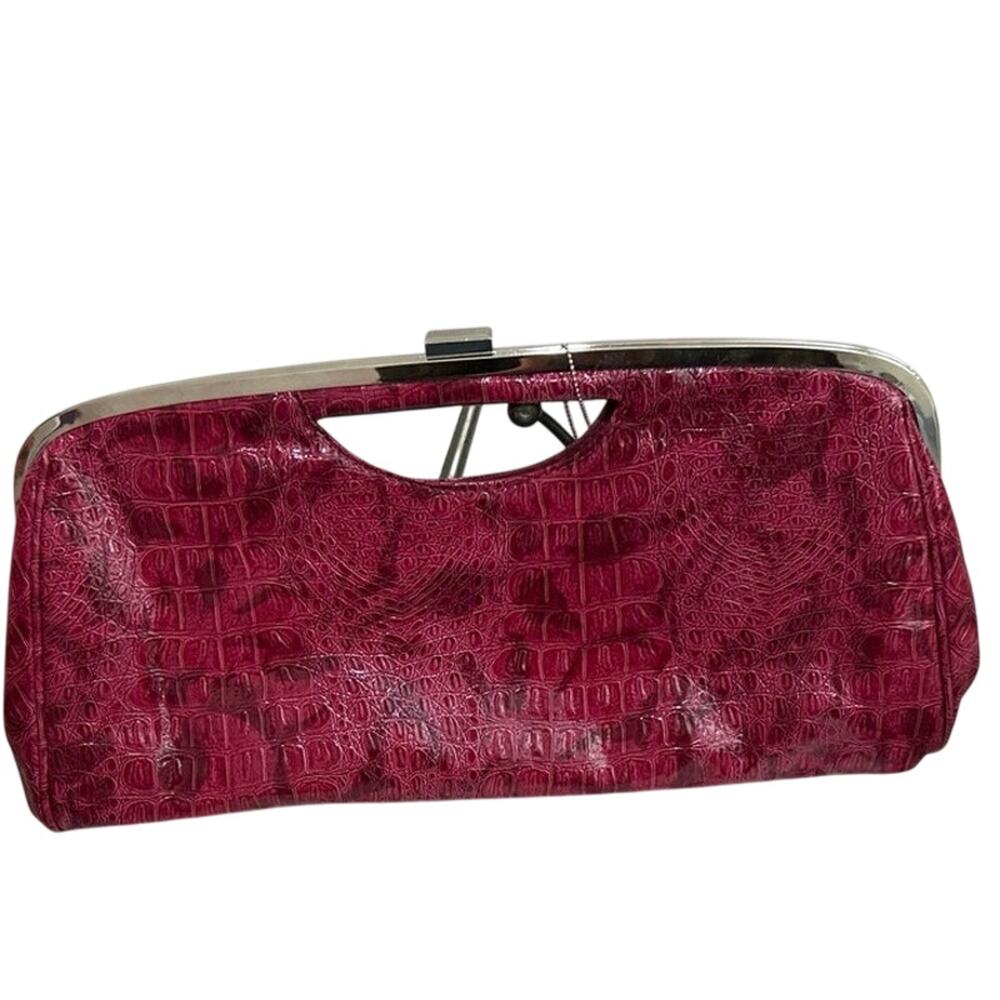 Vtg Clutch Bag fuchsia glossy faux crocodile embossed faux leather 90’s Marais